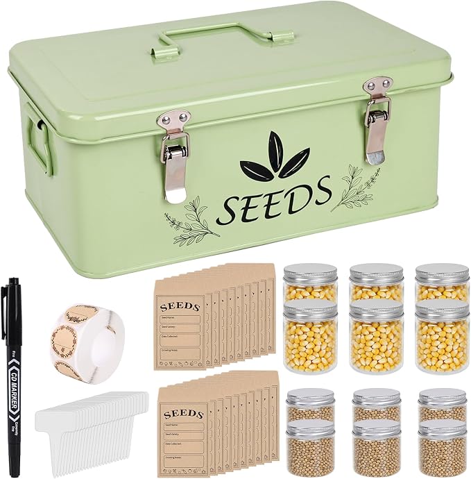 Spring Seed Storage Organizer | 3-Compartment Metal Seed Box with Locking Lid | 18 Wide-Mouth PET Vials, 30 Envelopes, 500+ Labels | Portable Seed Bank & Gift (Mint Green)