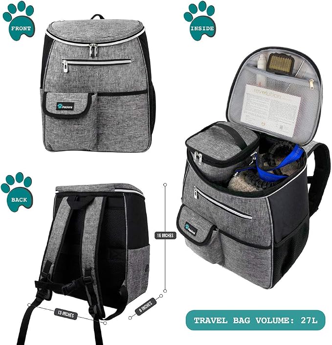 PetAmi Dog Travel Backpack 27L Airline Approved Pet Supplies Bag, Gray | Cat Traveling Suitcase Organizer for Weekend Road Trip Camping; 2 Food Containers, 2 Collapsible Bowls & Poop Bag Dispenser