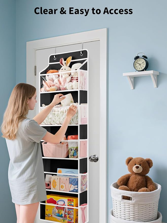 JARLINK Over The Door Toy Storage Organizer w/Clear Window, Black | Anti-Tilt 44 lb Load Capacity, Baby Toy Storage Organizer for Stuffed Animals, Nursery, Kid Bedroom, Newborn Baby Essentials