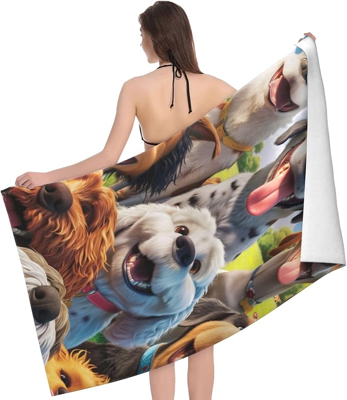 Funny Selfie Dogs Beach Towel for Women, Girls, Kids, Men, Cartoon Dogs Bath Towel Print 52" x 32" Pool Towel Super Soft Plush Cotton Dogs Towel