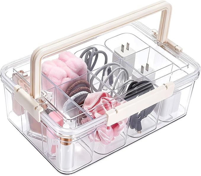 Large Cable Storage Box with Lid Clear Power Cords Organizer 4 Adjustable Dividers Case Desktop Cable Management Box for Home Office Phone Charger Art Crafts Stationery (Yellow)