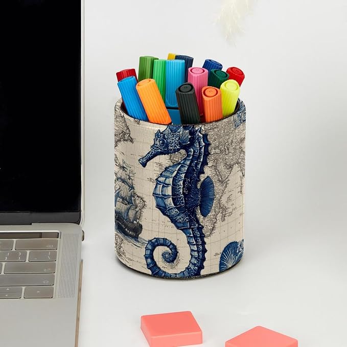 Faux Leather Pen Holder for Desk, Pencil Organizer Retro Seahorse Pen Cup Desk Decor Makeup Brush Holder Storage for Office Home