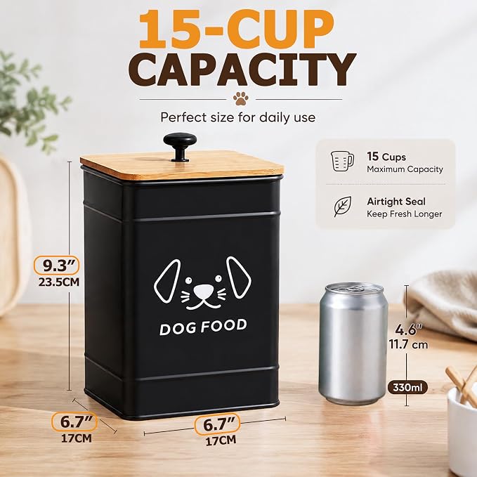 Dog Food Storage Container 25 Cups Airtight Metal Canister with Bamboo Lid | 5-7 lb Capacity, Pet-proof Lid Design, Durable Metal Body, Square Wide Opening, Pet Food Canister Dog Cookie Jar, Black