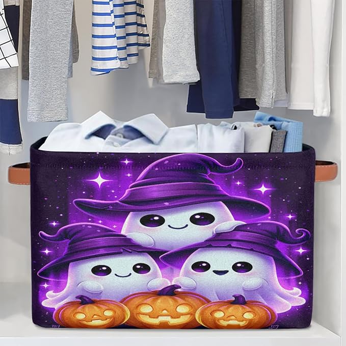 Halloween Basket Storage Bins Rectangle Canvas Basket Cube Storage Box | Nursery Foldable Basket with Handle for Kids Girls Boys Toys Living Room Closet Organizer Shelf Gifts Spooky Decor (261)