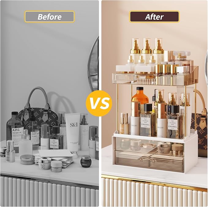 KHNR 2-Tier 2-Drawer Bathroom Organizer Countertop, Multi-Purpose Makeup Organizer Countertop, Large Skincare Organizers, Exquisite Vanity Organizer for Bathroom, Dresser, Kitchen (Amber)