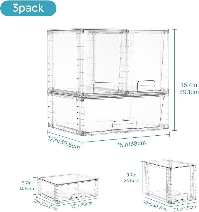 Vtopmart Clear Stackable Storage Drawers, 6 Pack Wide Tall Set | Wide and Tall Pull-Out PET Drawers with Stackable Design for Maximizing Space in Cabinets, Closets, Pantry