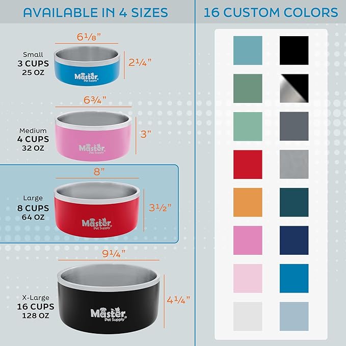 Master Pet Supply Stainless Steel Dog Bowls - 64 oz, Heavy Duty - Stainless Steel, Double Wall Extra-Thick Insulated, Non-Slip Pet Water Bowl for Dogs, Cats & Pets, Anti Rust Metal, Dish Washer Safe