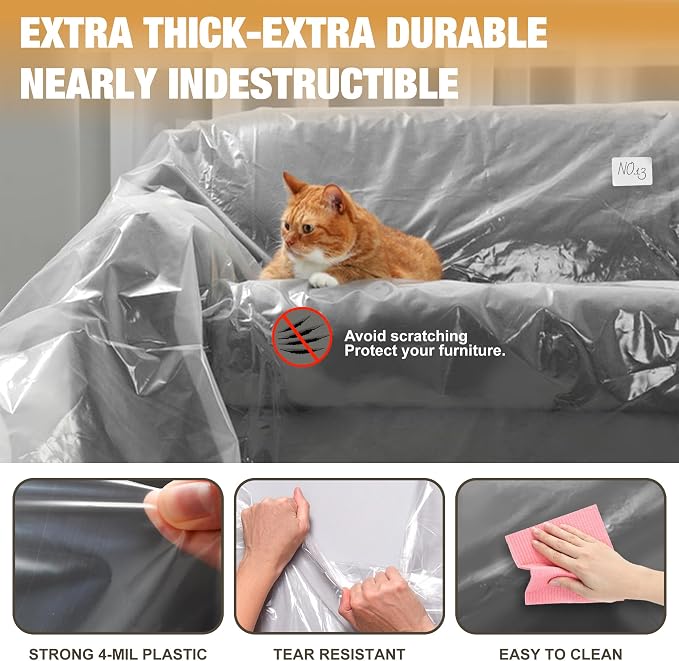 2 Pack Clear Plastic Moving Sofa couch Furniture Storage Covers | Extra Large 92x 62 x 42 Inch Moving Bags, With Label, Waterproof, Dust Proof