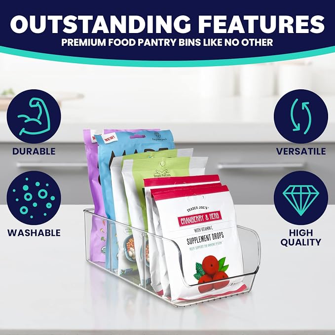 ELTOW 4-Pack Snack Organizer, 3-Compartment Plastic Bins with Removable Dividers, Chip & Food Storage for Pantry, Spices, Fridge, and Cabinet