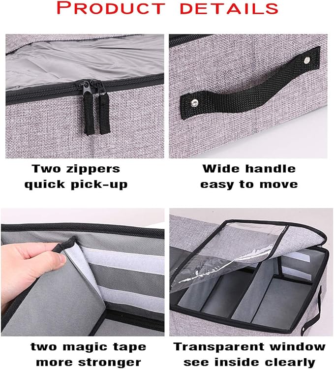 AARAINBOW Foldable Under Bed Clothes Organizer with Lid, Underbed Storage Container with Adjustable Dividers, Clear Window, Gray