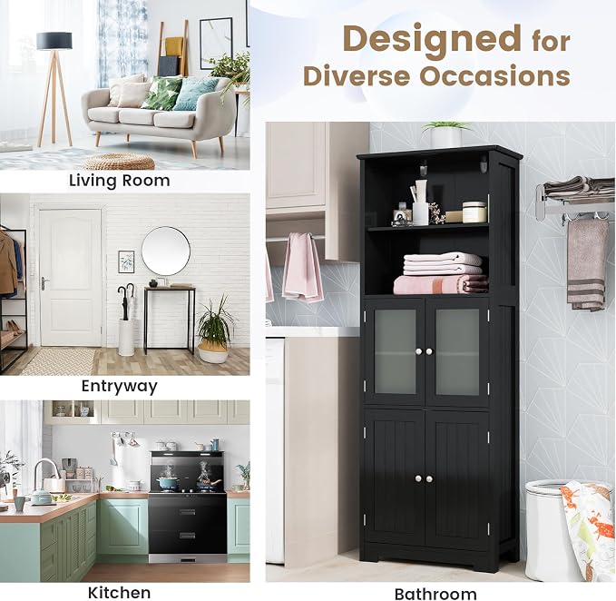 LOKO Tall Bathroom Cabinet, Modern Storage Organizer with Doors & Open Shelves, Wooden Floor Cabinet with Adjustable Shelves for Bathroom, Living Room or Kitchen (Black)