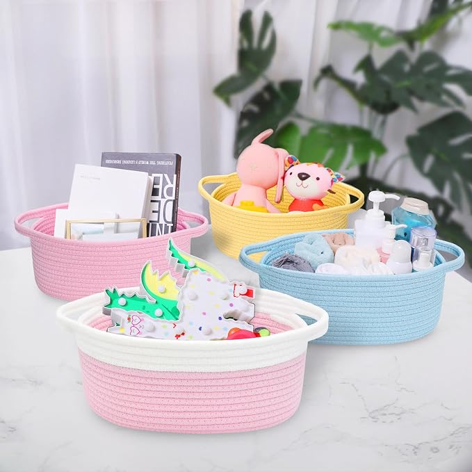 ABenkle Small Basket with Handles, Boho Decorative Rope Woven Dog Cat Toy Storage Bin Shelf Storage Organizer, Easter Christmas Gift Basket, 12"x8"x5", Pink