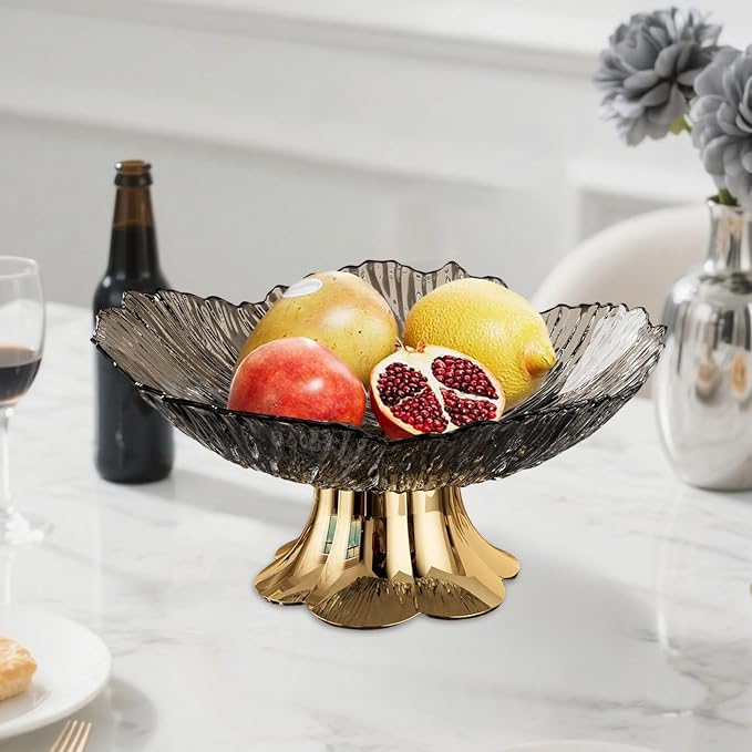 Pedestal Fruit Bowl, Snack Storage Holder, Fruit Tray, Dessert Display Stand, Decorative for Living Room Kitchen Home, E with Gold Base, Black