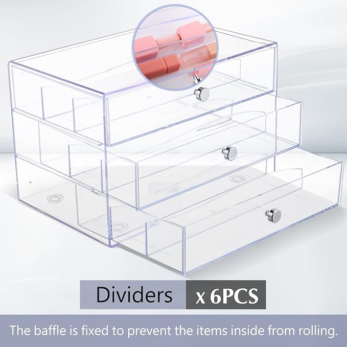 Wonderjune 2 Pack 3 Drawer Clear Washi Tape Organizer Acrylic Storage Box | 10 x 7 x 6.8 in, Divided Drawers, Clear Plastic Cube, Visible Storage for Craft Tape, Jewelry, Makeup Supplies
