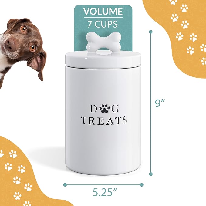 Barnyard Designs Ceramic Dog Treat Container with Airtight Lid (White) | Large Rustic Storage Canister and Cookie Jar for Kitchen Counter; Airtight Lid Keeps Food Fresh; Farmhouse Decor