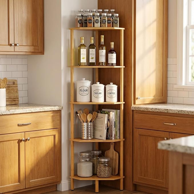 Corner Shelf, 5 Tier Bamboo Corner Bookshelf, 54" Tall Narrow Bookcase, Plant Stand, Corner Display Rack, Shower Caddy, Display Standing Shelf Organizer for Bedroom, Living Room, Kitchen, Apartment