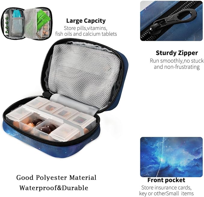 Fustylead Beautiful Blue Cosmic Nebula Pill Organizer and Storage Weekly with Zipper, Removable Pill Box Portable Medicine Organizer for Vitamin Fish Oil Supplement