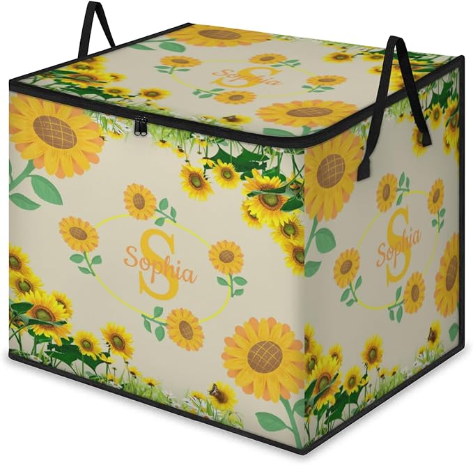 Custom Name Large Clothes Storage Organization with Lids, Kids Toys Bin Shelf Basket, Bedding Clothes Storage Bin for Nursery, Gift Basket, Sunflowers Dark Beige Background