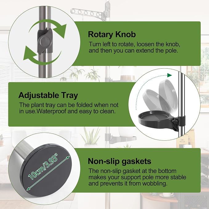 BAOYOUNI 7-Tier Plant Pole Tension Rod Expandable Flower Stand Grey | Adjustable 7.5-9.5ft Corner Storage Shelf,6 Trays + Hanger，360° Rotating Plant Display Rack ,No Tools Assembly