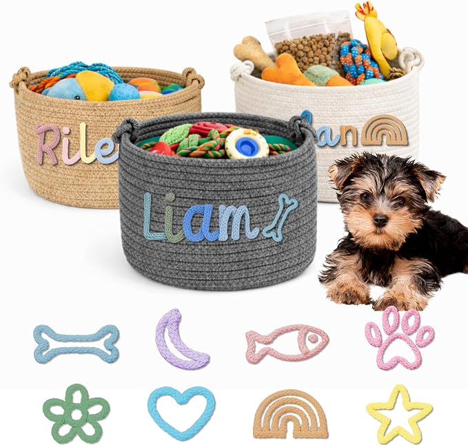 Personalized Dog & Cat Toys Bin with Name Custom Toy Storage Basket for Puppy Kitten Pet Supplies Organizer with Handmade Cotton Rope Name Gifts Basket for Pet Birthday Christmas