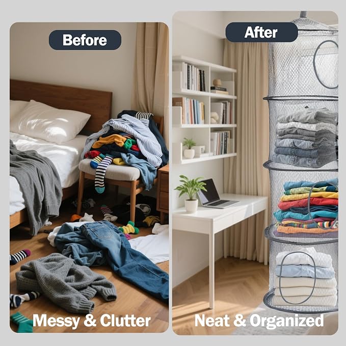 2PCS Hanging Mesh Storage Net, 4 Tier Stuffed Animal Storage with Hook | Grey, Polyester Material, Flexible and Breathable, Space Saving Organizer for Toys Clothes