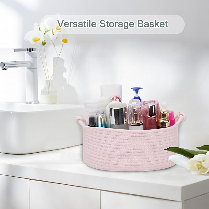 COMSE Small Gift Basket Empty with Bag & Ribbons, Solid Light Pink | Cotton Rope, 12"x 8"x 5", Pet Toy Storage Organizer, Woven Basket for Birthdays, Baby Showers, Mother’s Day, Valentine’s Day