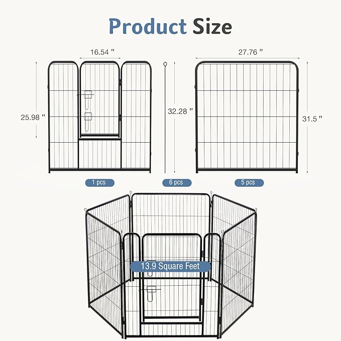DUMOS Dog Playpen 32 Inch 6 Panels Indoor Outdoor Metal Pet Fence | Foldable Dog Play Pen with Door, Portable Exercise, RV Camping, Puppy Small Medium Dogs