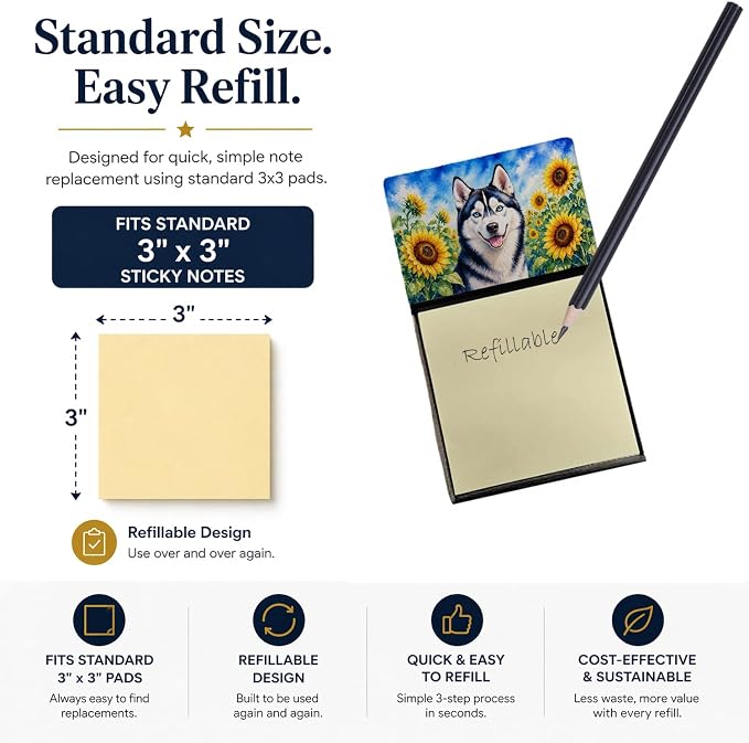 Caroline's Treasures Siberian Husky in Sunflowers Watercolor Sticky Note Holder Refillable Dispenser Desk Accessory 3x3 Pad Gift