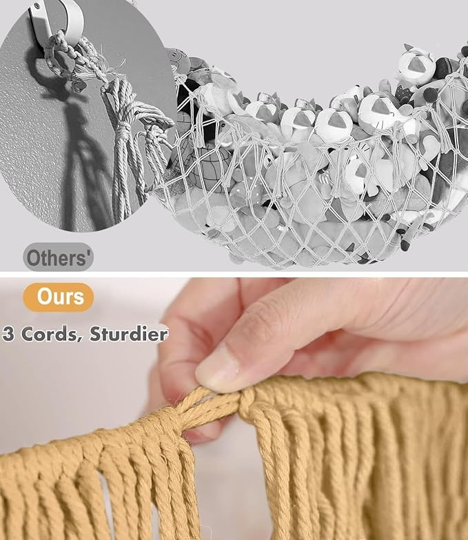 Stuffed Animal Hammock - Extra Large 63'' Long (Coffee color) | Premium Cotton Hand-knitted, Beautiful Long Tassel, Storage Hanging Organizer, Can Fit Stuffed Animals 40 Piece or More