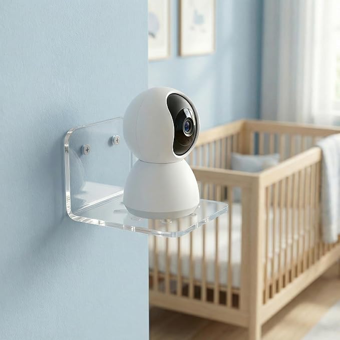 NIIIYTYB Acrylic Camera Shelf for Wall Mount Small No Drill Stand for Security Video Devices Baby Monitor and Speaker Clear Indoor Shelves Easy to Install for Home or Office Use