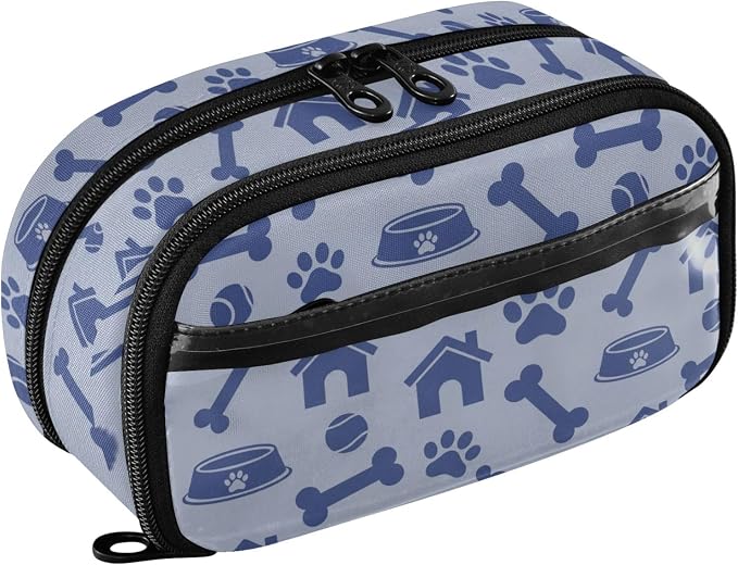 Pet Pawprints Blue print Large Capacity Pencil Case with Zipper Water Resistant Portable Organizer Pen Bag for School Students Office