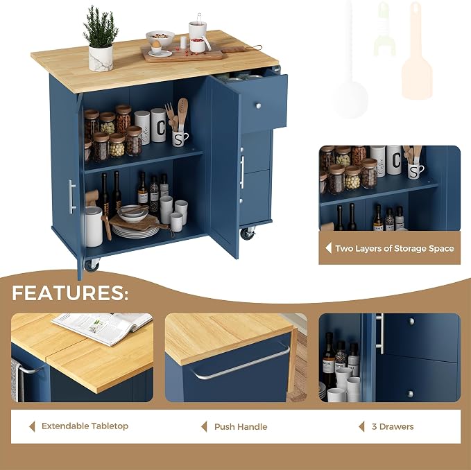 QAQA 40" Kitchen Island Cart Furniture cart on Wheels Rolling Portable Dining Room Serving Utility Carts Mobile Movable with Drawers Cabinet,Blue