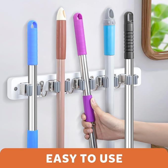 IMILLET Broom Holder Wall Mount, Rustic Broom Hanger for Laundry Room | Wood Broom and Mop Organization and Storage, Mop Holder for Home Decor, Garden, Garage, Closet, 5 Racks and 4 Hooks, White