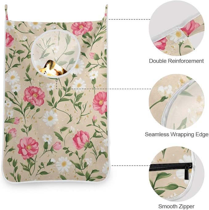 1PC Hanging Laundry Hamper Bag Over the Door Laundry Hamper Wall Hamper Large Dirty Clothes Hamper with Stainless Steel Hooks 29.5x20Inch Carnations Beige
