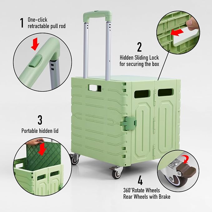 Folding Utility Cart Portable Rolling Crate Handcart Foldable Shopping Trolley Collapsible, with Lid, on Wheels, for Grocery, Garden, Office, Storage, Teacher, Tool (Green)