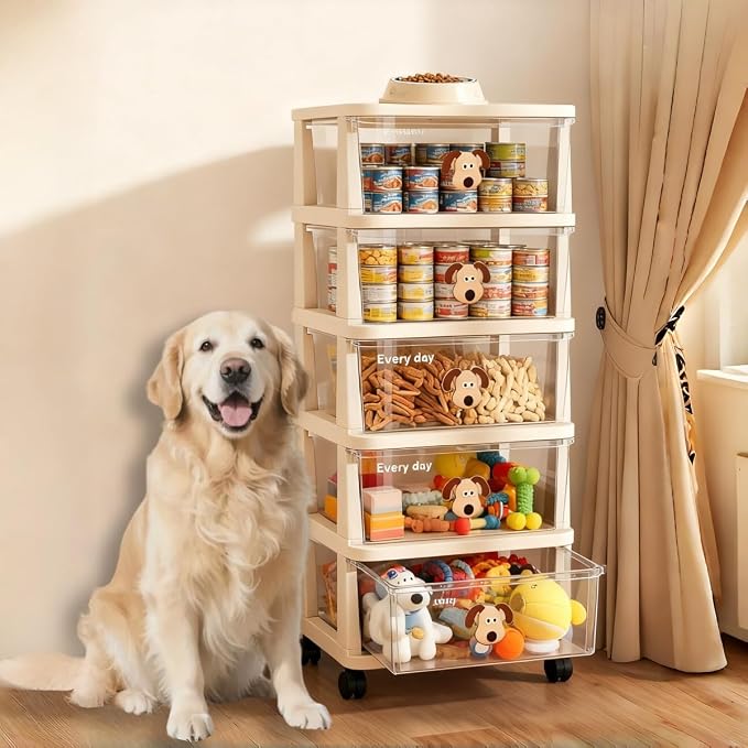 Dog Toy Storage Drawer with Wheels,5 Tier Large Capacity Stackable Bin for Pet Toys & Essentials, All-in-One Dog Stuff Storage Cabinet, Perfect for Living Room, Easy to Clean