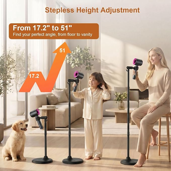 Mistriddle Hands Free Hair Dryer Holder Floor Stand, 17.2-51" Adjustable | For Home, Salon & Pet Grooming, Universal TPU Clip, Stable Aluminum Base with Organizer Hook (Black)