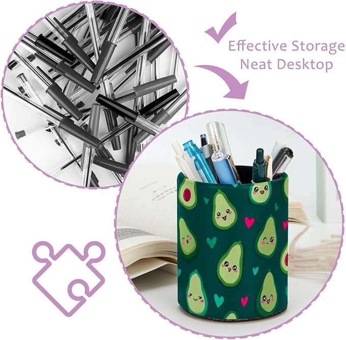 Faux Leather Pen Holder for Desk, Pencil Organizer Cute Fruits Pen Cup Desk Decor Makeup Brush Holder Storage for Office Home