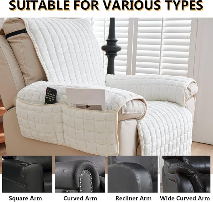 Polyester Flannel Recliner Cover, Non-Slip with 2 Side Pockets | Soft short-pile polyester with silicone backing guards armrests from pet scratches; thick one-piece cover, machine washable.