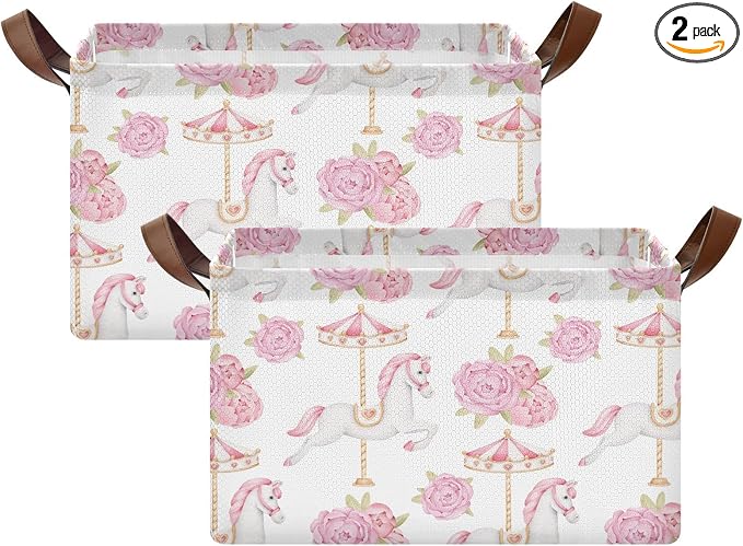 Cute Carousel Horse with Pink Flower Baby Storage Basket with Label&Handles Rectangular Waterproof Nursery Storage Bins Collapsible Shelf Organizer Baskets for Kids Books Cloth Gift Toys Laundry, 2 PC