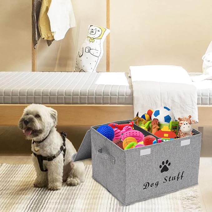 Large Storage Boxes - Large Linen Fabric Foldable Storage Cubes Bin Box Containers with Lid and Handles for Dog Apparel & Accessories, Dog Toys(Snow Grey)