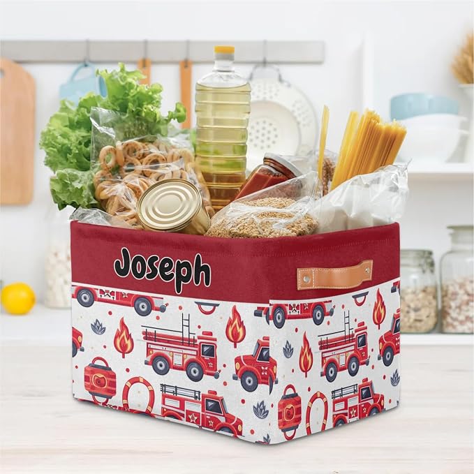 Personalized Foldable Storage Basket with Name for Boys, Laundry Hamper Dirty Clothes Pet Toys Storage Bin with Handles for Shelf Home Closet Kitchen, Fire Engines Cartoon