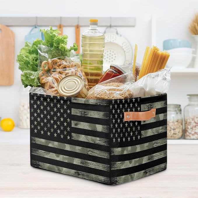 Pardick Flag Basket Storage Bins Rectangle Canvas Basket Cube Storage Box | Nursery Foldable Basket with Handle for Kids Girls Boys Toys Living Room Closet Organizer Shelf Gifts Camo Amry