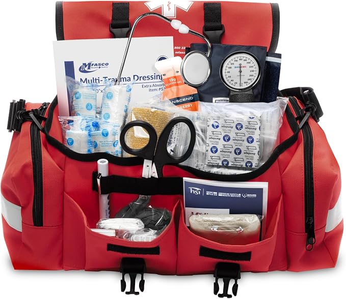 MFASCO Complete Emergency Response First Aid Kit Trauma Bag, Red | 415 Piece Fully Stocked Supplies for Disaster Preparedness | for Business, Schools, Organizations, Groups, Home Safety