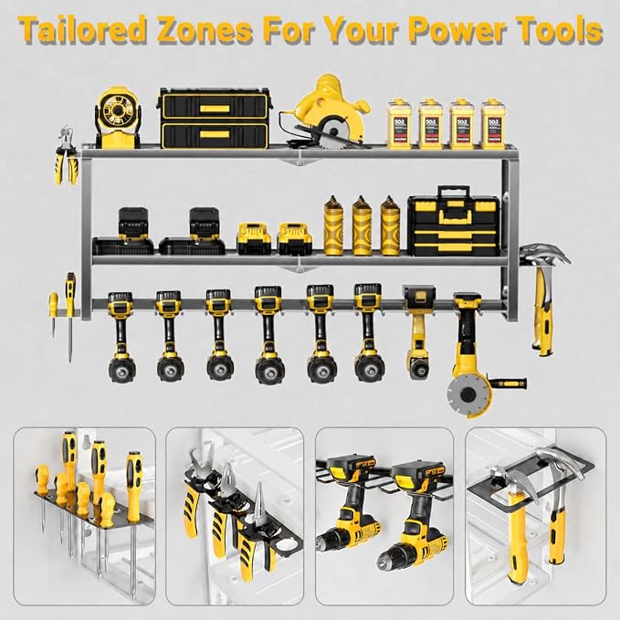 Extra Tall Power Tool Organizer Wall Mount,3 Layer,8 Drill Holder,Black | Loads 300 LBS,Heavy Duty Metal Extra Tall Tool Rack,For Battery Storage,Cordless Utility Tool Shelf for Garage, Workshop