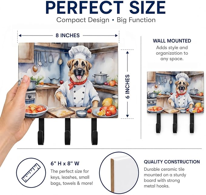Caroline's Treasures Anatolian Shepherd The Chef Leash or Key Holder Wall Hooks, Key Hooks Holder, Coat Rack Wall Mount, Coat Hooks, Hooks for Hanging Keys, Towels, Aprons, Leashes | Anatolian Shepherd The Chef artwork on ceramic tile with three steel ...