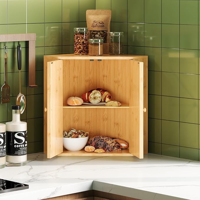 Trironsun Corner Bread Box for Kitchen Counter Double Layer Bamboo Bread Storage Container Large Capacity Bread Storage Bin Farmhouse Breadbox Organizer (Bamboo Natural)