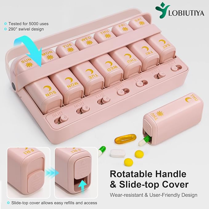 Weekly Pill Organizer 2 Times a Day, AM PM Travel Pill Organizer 7 Day for Vitamin Medicine Supplement Fish Oil, Pink Twice a Day Medicine Pill Box with a Rotatable Handle