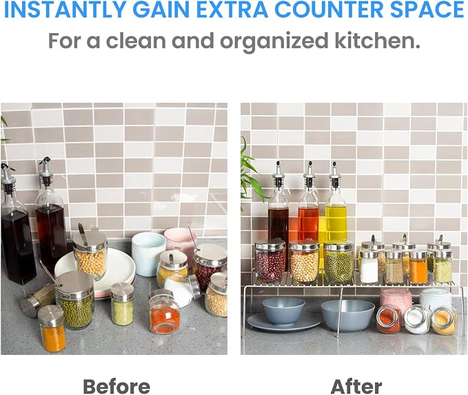Tomorotec Expandable Kitchen Cabinet Organizer Stainless Steel Shelf Silver | Adjustable from 12.8 to 22.8 Inches Rustproof with Anti-Slip Feet for Pantry Bathroom Closet and Countertop Organization