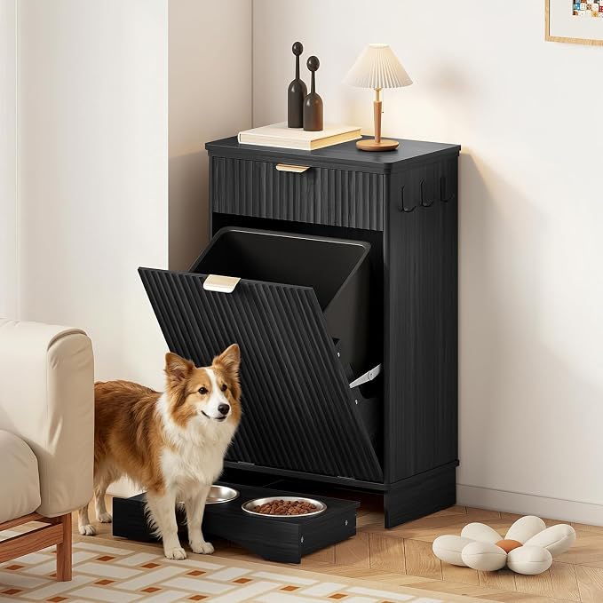 Pet Feeding Station, Dog Food Storage Cabinet with 2 Hidden Bowls, Black | Tilt-Out Pet Food Storage with Drawers and 3 Hooks, Cats and Dogs Food Organizer Cabinet for Kitchen,Living Room